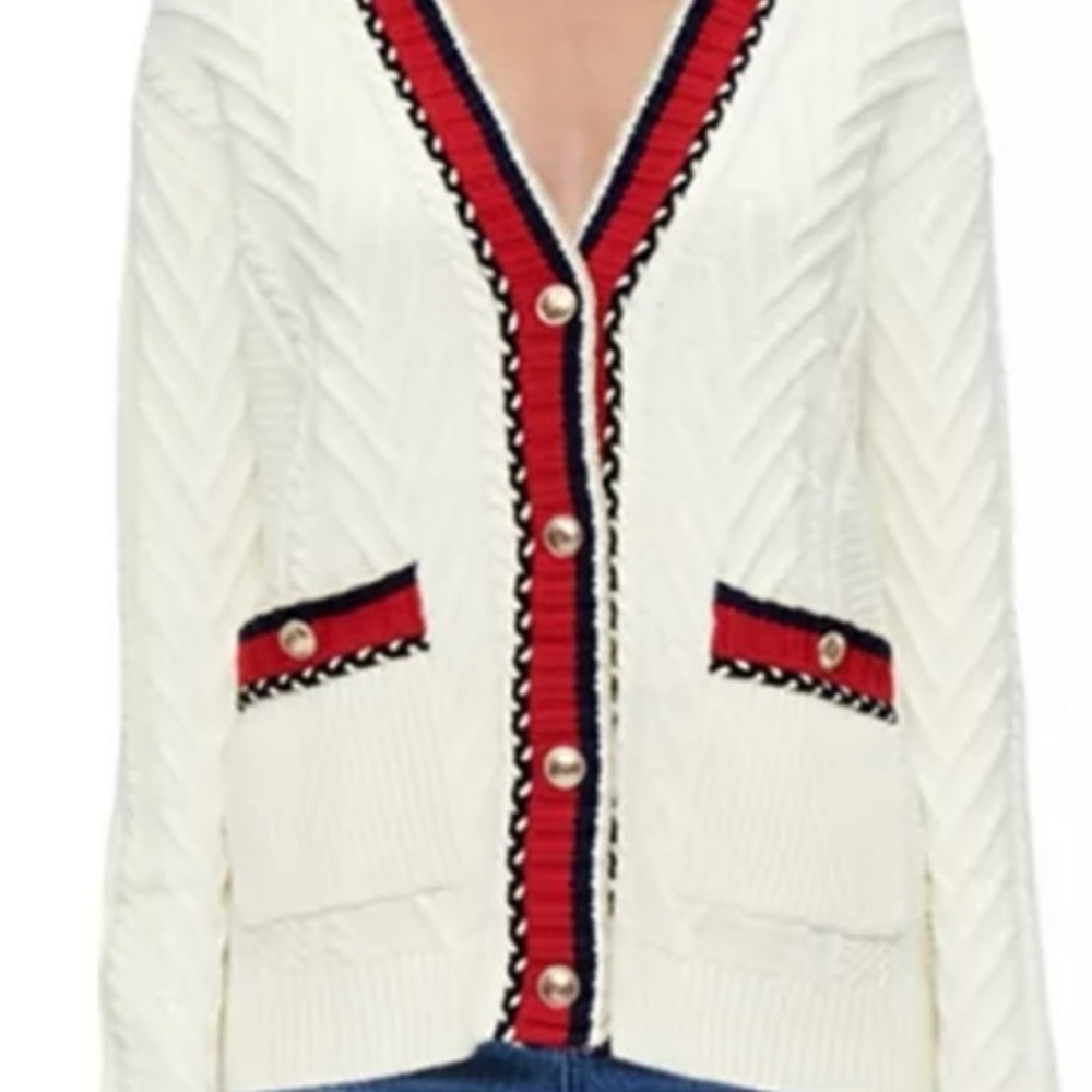 Maje Ivory Cardigan with Red and Black Trim